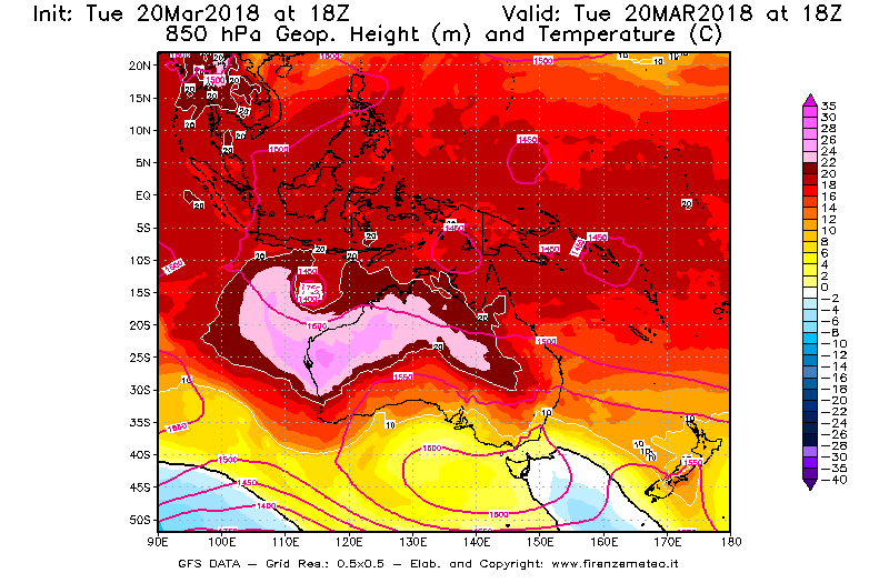 Mappa di analisi GFS - Geopotenziale [m] e Temperatura [°C] a 850 hPa in Oceania
							del 20/03/2018 18 <!--googleoff: index-->UTC<!--googleon: index-->