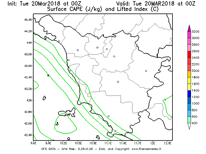 Mappa di analisi GFS - CAPE [J/kg] e Lifted Index [°C] in Toscana
							del 20/03/2018 00 <!--googleoff: index-->UTC<!--googleon: index-->