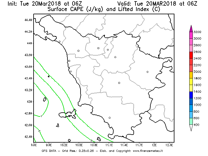 Mappa di analisi GFS - CAPE [J/kg] e Lifted Index [°C] in Toscana
							del 20/03/2018 06 <!--googleoff: index-->UTC<!--googleon: index-->