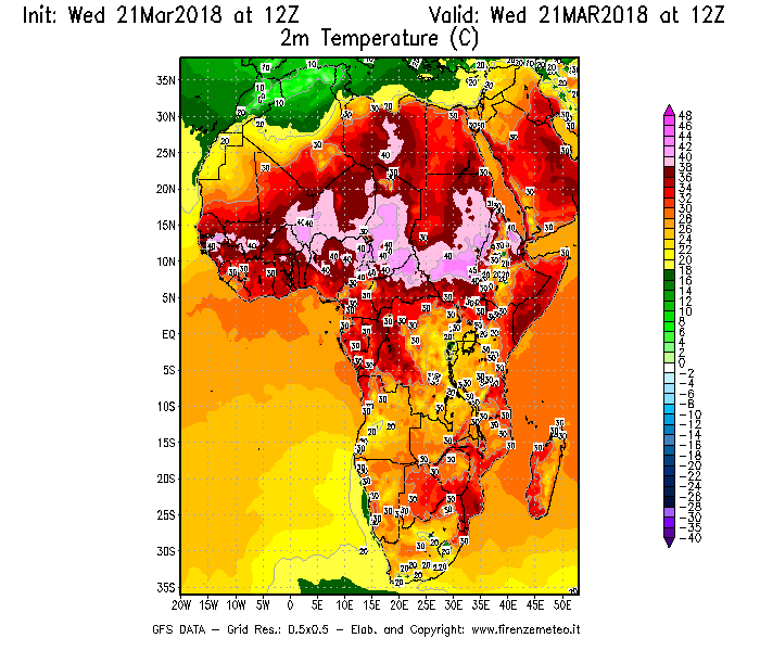 Mappa di analisi GFS - Temperatura a 2 metri dal suolo [°C] in Africa
							del 21/03/2018 12 <!--googleoff: index-->UTC<!--googleon: index-->