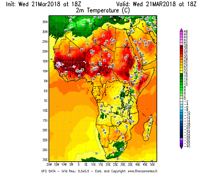 Mappa di analisi GFS - Temperatura a 2 metri dal suolo [°C] in Africa
							del 21/03/2018 18 <!--googleoff: index-->UTC<!--googleon: index-->