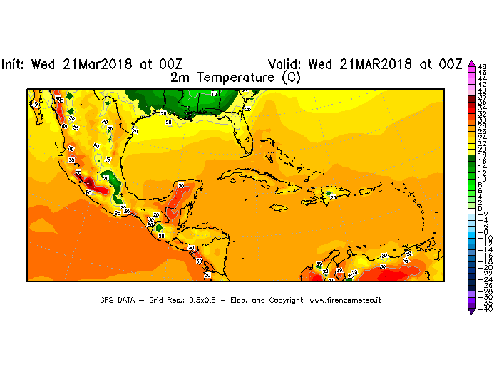 Mappa di analisi GFS - Temperatura a 2 metri dal suolo [°C] in Centro-America
							del 21/03/2018 00 <!--googleoff: index-->UTC<!--googleon: index-->