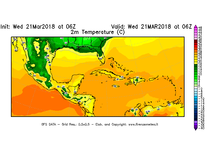 Mappa di analisi GFS - Temperatura a 2 metri dal suolo [°C] in Centro-America
							del 21/03/2018 06 <!--googleoff: index-->UTC<!--googleon: index-->