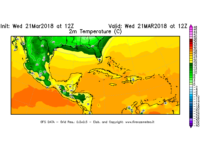 Mappa di analisi GFS - Temperatura a 2 metri dal suolo [°C] in Centro-America
							del 21/03/2018 12 <!--googleoff: index-->UTC<!--googleon: index-->