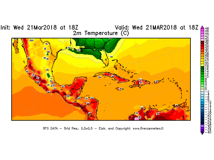 Mappa di analisi GFS - Temperatura a 2 metri dal suolo [°C] in Centro-America
							del 21/03/2018 18 <!--googleoff: index-->UTC<!--googleon: index-->