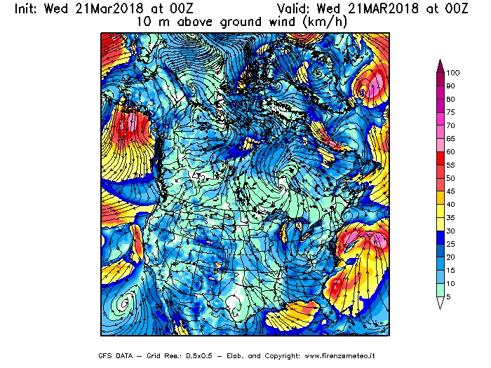Mappa di analisi GFS - Velocità del vento a 10 metri dal suolo [km/h] in Nord-America
							del 21/03/2018 00 <!--googleoff: index-->UTC<!--googleon: index-->