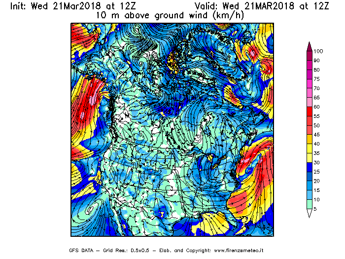 Mappa di analisi GFS - Velocità del vento a 10 metri dal suolo [km/h] in Nord-America
							del 21/03/2018 12 <!--googleoff: index-->UTC<!--googleon: index-->