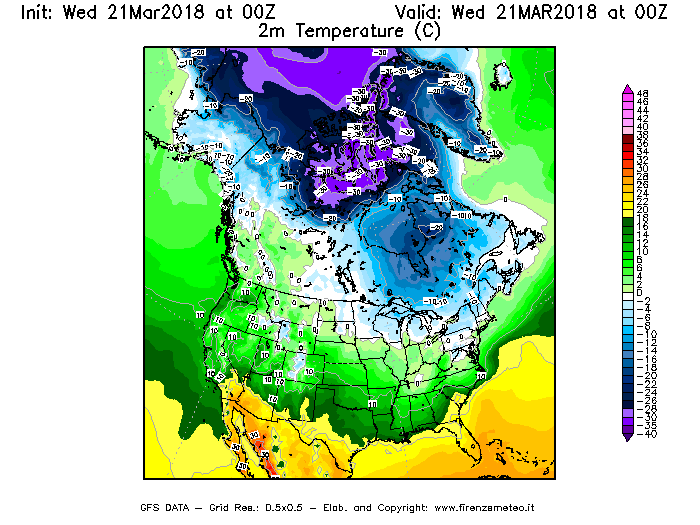Mappa di analisi GFS - Temperatura a 2 metri dal suolo [°C] in Nord-America
							del 21/03/2018 00 <!--googleoff: index-->UTC<!--googleon: index-->