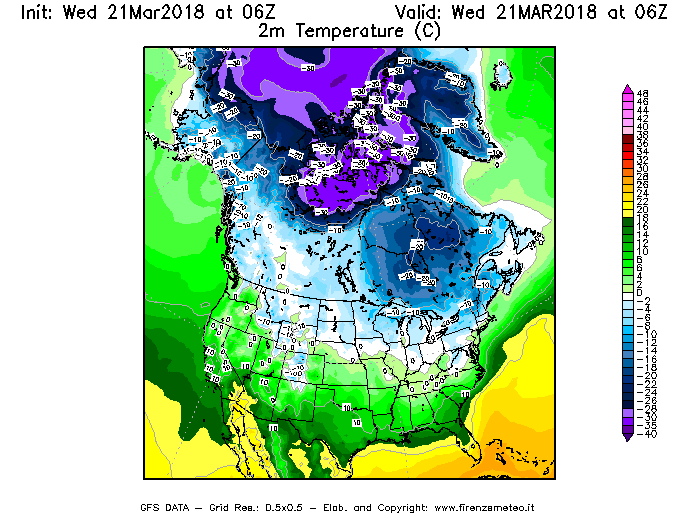 Mappa di analisi GFS - Temperatura a 2 metri dal suolo [°C] in Nord-America
							del 21/03/2018 06 <!--googleoff: index-->UTC<!--googleon: index-->
