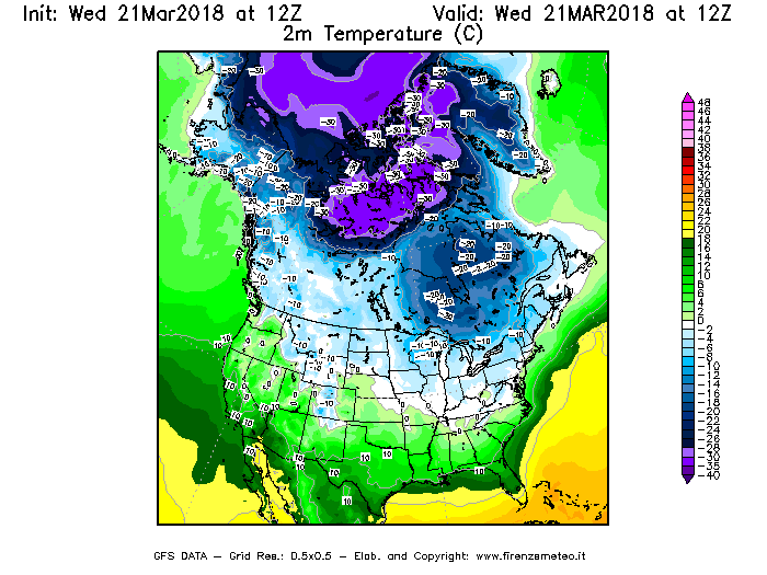 Mappa di analisi GFS - Temperatura a 2 metri dal suolo [°C] in Nord-America
							del 21/03/2018 12 <!--googleoff: index-->UTC<!--googleon: index-->
