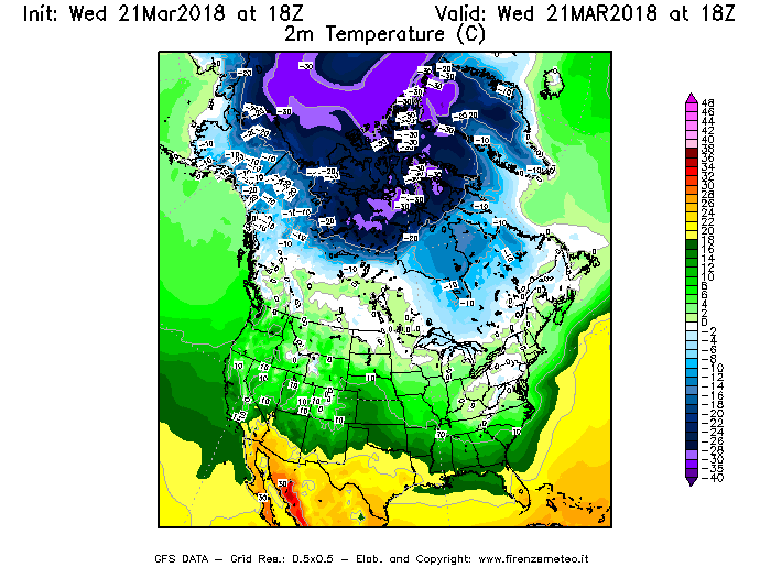 Mappa di analisi GFS - Temperatura a 2 metri dal suolo [°C] in Nord-America
							del 21/03/2018 18 <!--googleoff: index-->UTC<!--googleon: index-->