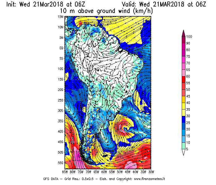 Mappa di analisi GFS - Velocità del vento a 10 metri dal suolo [km/h] in Sud-America
							del 21/03/2018 06 <!--googleoff: index-->UTC<!--googleon: index-->