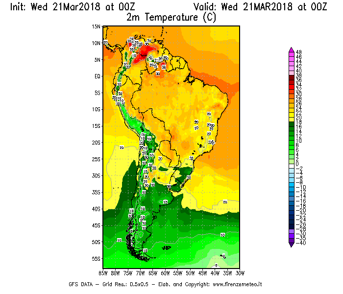 Mappa di analisi GFS - Temperatura a 2 metri dal suolo [°C] in Sud-America
							del 21/03/2018 00 <!--googleoff: index-->UTC<!--googleon: index-->
