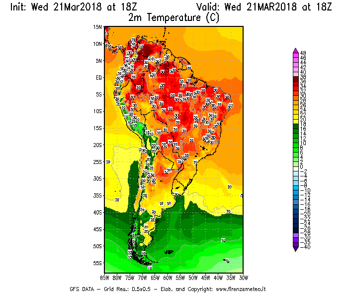 Mappa di analisi GFS - Temperatura a 2 metri dal suolo [°C] in Sud-America
							del 21/03/2018 18 <!--googleoff: index-->UTC<!--googleon: index-->