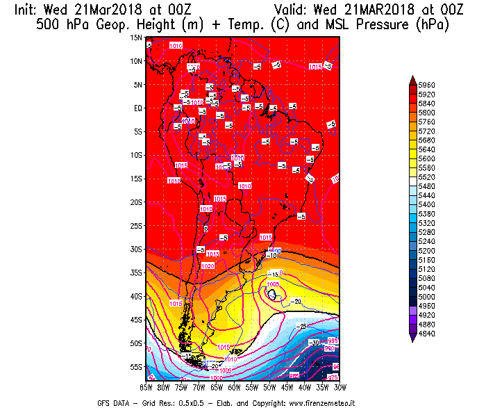 Mappa di analisi GFS - Geopotenziale [m] + Temp. [°C] a 500 hPa + Press. a livello del mare [hPa] in Sud-America
							del 21/03/2018 00 <!--googleoff: index-->UTC<!--googleon: index-->