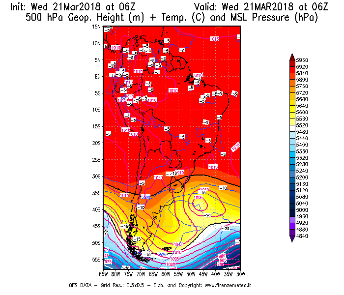 Mappa di analisi GFS - Geopotenziale [m] + Temp. [°C] a 500 hPa + Press. a livello del mare [hPa] in Sud-America
							del 21/03/2018 06 <!--googleoff: index-->UTC<!--googleon: index-->