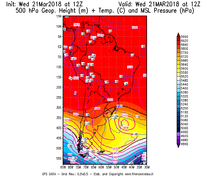 Mappa di analisi GFS - Geopotenziale [m] + Temp. [°C] a 500 hPa + Press. a livello del mare [hPa] in Sud-America
							del 21/03/2018 12 <!--googleoff: index-->UTC<!--googleon: index-->