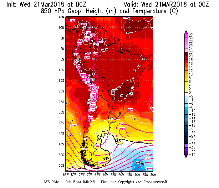 Mappa di analisi GFS - Geopotenziale [m] e Temperatura [°C] a 850 hPa in Sud-America
							del 21/03/2018 00 <!--googleoff: index-->UTC<!--googleon: index-->