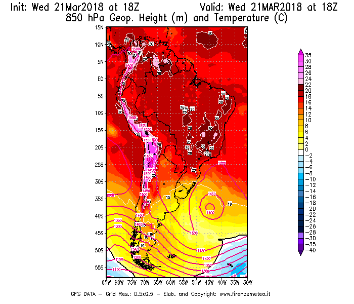 Mappa di analisi GFS - Geopotenziale [m] e Temperatura [°C] a 850 hPa in Sud-America
							del 21/03/2018 18 <!--googleoff: index-->UTC<!--googleon: index-->