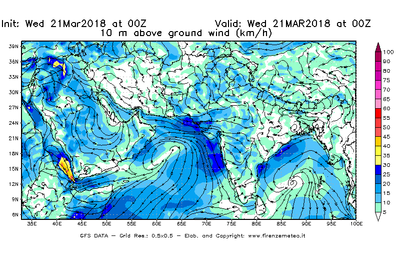 Mappa di analisi GFS - Velocità del vento a 10 metri dal suolo [km/h] in Asia Sud-Occidentale
							del 21/03/2018 00 <!--googleoff: index-->UTC<!--googleon: index-->