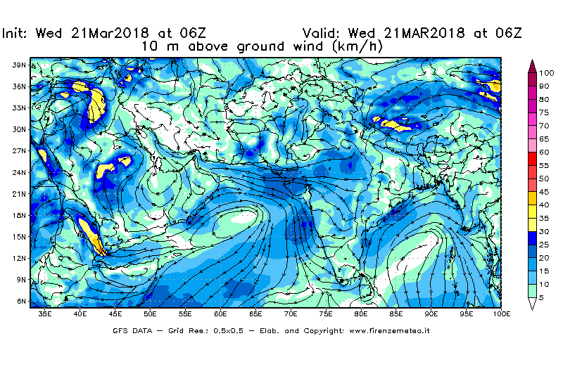 Mappa di analisi GFS - Velocità del vento a 10 metri dal suolo [km/h] in Asia Sud-Occidentale
							del 21/03/2018 06 <!--googleoff: index-->UTC<!--googleon: index-->