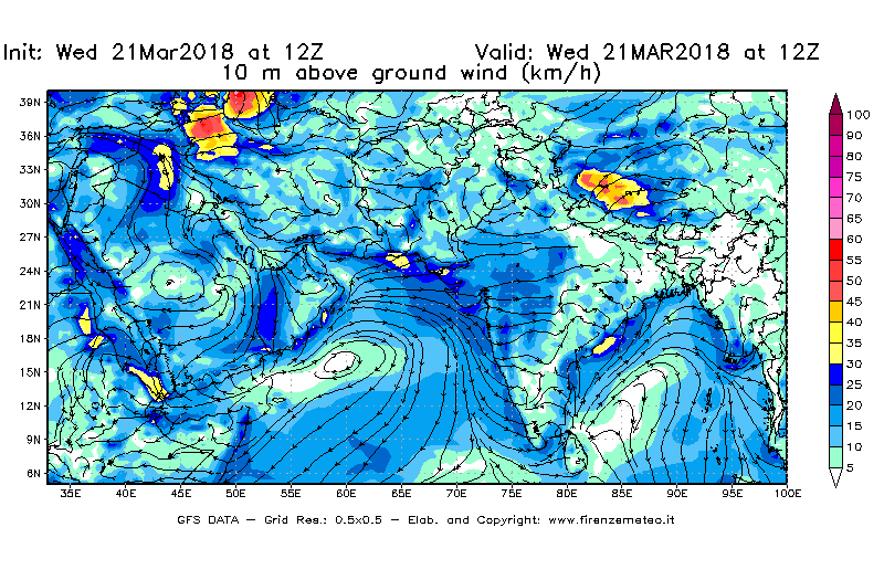 Mappa di analisi GFS - Velocità del vento a 10 metri dal suolo [km/h] in Asia Sud-Occidentale
							del 21/03/2018 12 <!--googleoff: index-->UTC<!--googleon: index-->