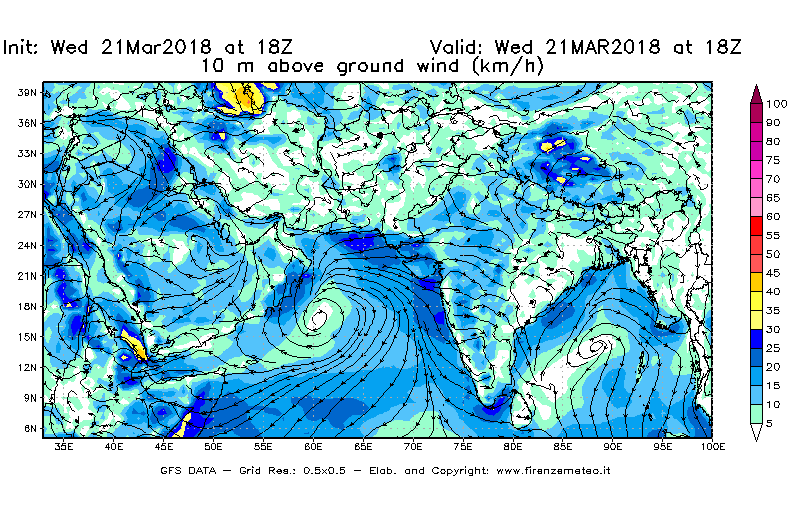 Mappa di analisi GFS - Velocità del vento a 10 metri dal suolo [km/h] in Asia Sud-Occidentale
							del 21/03/2018 18 <!--googleoff: index-->UTC<!--googleon: index-->