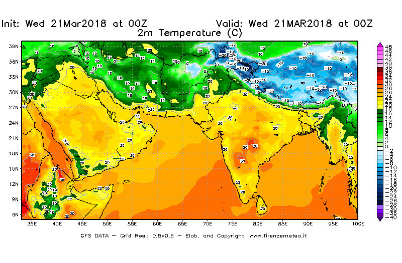 Mappa di analisi GFS - Temperatura a 2 metri dal suolo [°C] in Asia Sud-Occidentale
							del 21/03/2018 00 <!--googleoff: index-->UTC<!--googleon: index-->