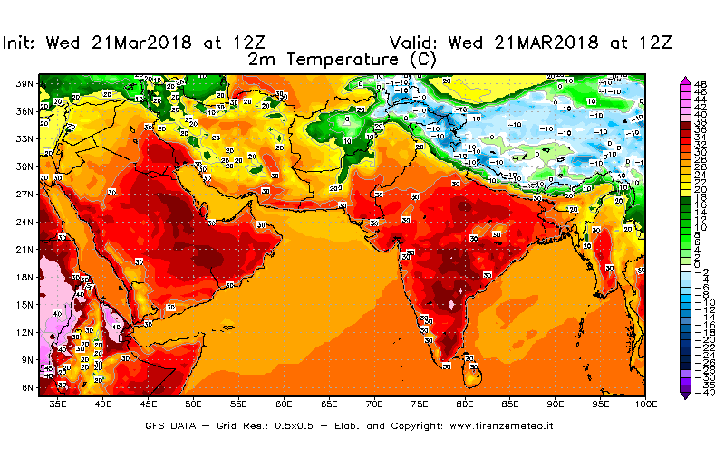 Mappa di analisi GFS - Temperatura a 2 metri dal suolo [°C] in Asia Sud-Occidentale
							del 21/03/2018 12 <!--googleoff: index-->UTC<!--googleon: index-->
