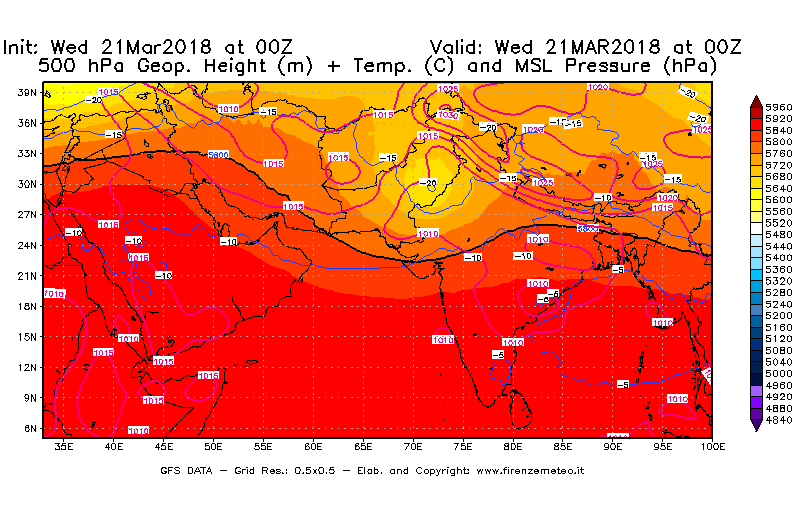 Mappa di analisi GFS - Geopotenziale [m] + Temp. [°C] a 500 hPa + Press. a livello del mare [hPa] in Asia Sud-Occidentale
							del 21/03/2018 00 <!--googleoff: index-->UTC<!--googleon: index-->