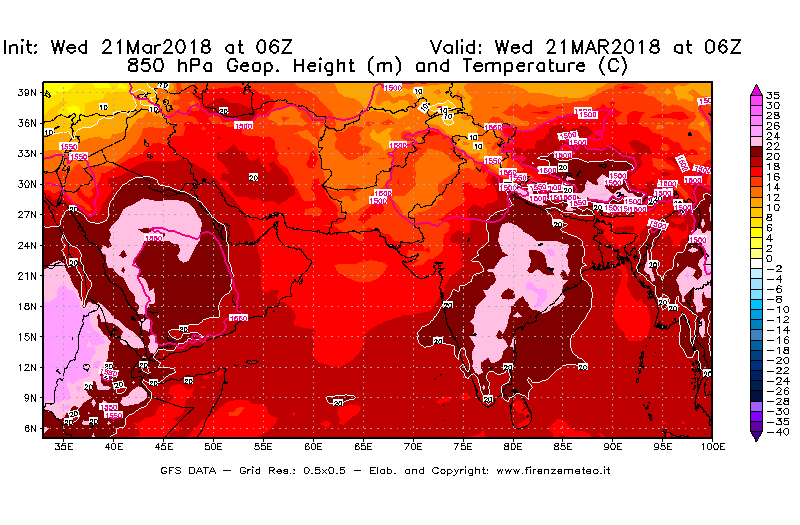 Mappa di analisi GFS - Geopotenziale [m] e Temperatura [°C] a 850 hPa in Asia Sud-Occidentale
							del 21/03/2018 06 <!--googleoff: index-->UTC<!--googleon: index-->