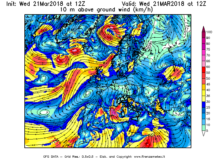 Mappa di analisi GFS - Velocità del vento a 10 metri dal suolo [km/h] in Europa
							del 21/03/2018 12 <!--googleoff: index-->UTC<!--googleon: index-->