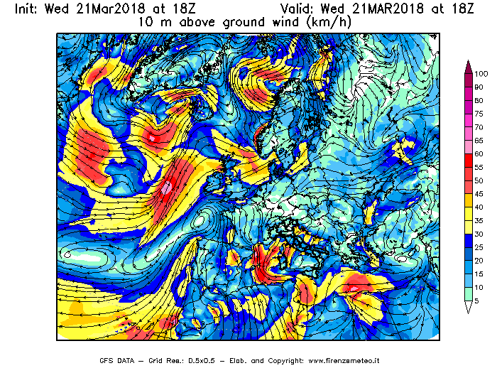 Mappa di analisi GFS - Velocità del vento a 10 metri dal suolo [km/h] in Europa
							del 21/03/2018 18 <!--googleoff: index-->UTC<!--googleon: index-->