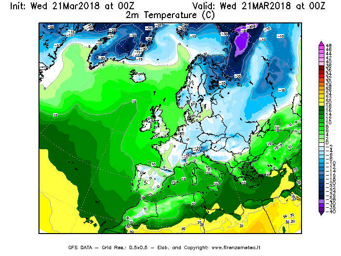 Mappa di analisi GFS - Temperatura a 2 metri dal suolo [°C] in Europa
							del 21/03/2018 00 <!--googleoff: index-->UTC<!--googleon: index-->