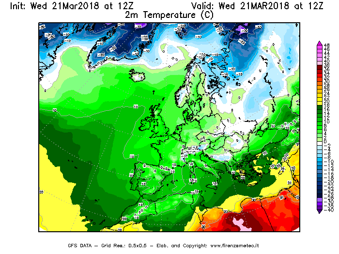 Mappa di analisi GFS - Temperatura a 2 metri dal suolo [°C] in Europa
							del 21/03/2018 12 <!--googleoff: index-->UTC<!--googleon: index-->