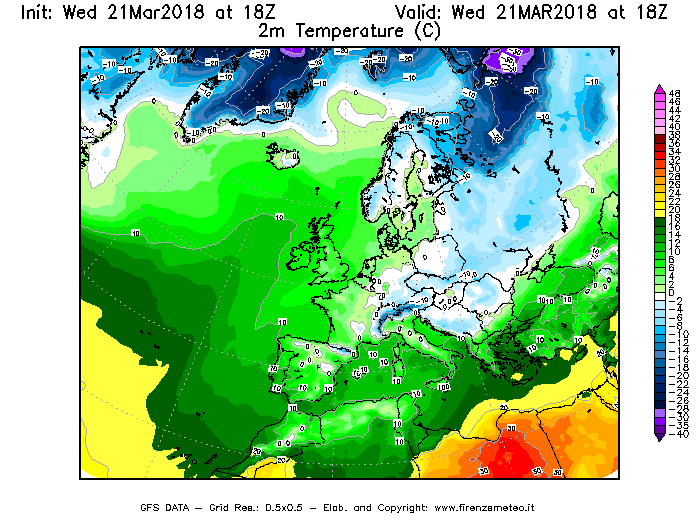 Mappa di analisi GFS - Temperatura a 2 metri dal suolo [°C] in Europa
							del 21/03/2018 18 <!--googleoff: index-->UTC<!--googleon: index-->