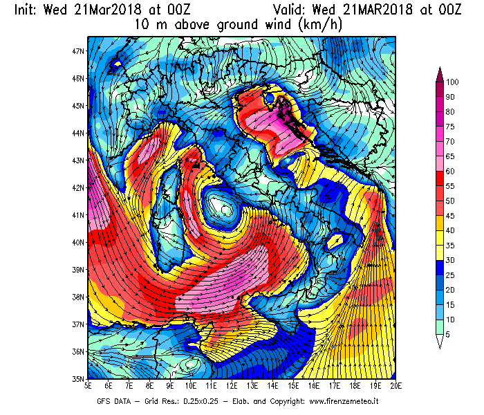 Mappa di analisi GFS - Velocità del vento a 10 metri dal suolo [km/h] in Italia
							del 21/03/2018 00 <!--googleoff: index-->UTC<!--googleon: index-->