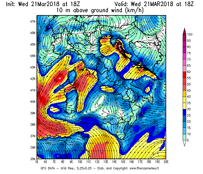 Mappa di analisi GFS - Velocità del vento a 10 metri dal suolo [km/h] in Italia
							del 21/03/2018 18 <!--googleoff: index-->UTC<!--googleon: index-->