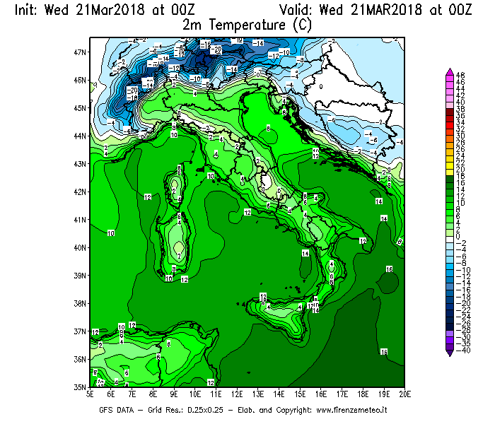 Mappa di analisi GFS - Temperatura a 2 metri dal suolo [°C] in Italia
							del 21/03/2018 00 <!--googleoff: index-->UTC<!--googleon: index-->