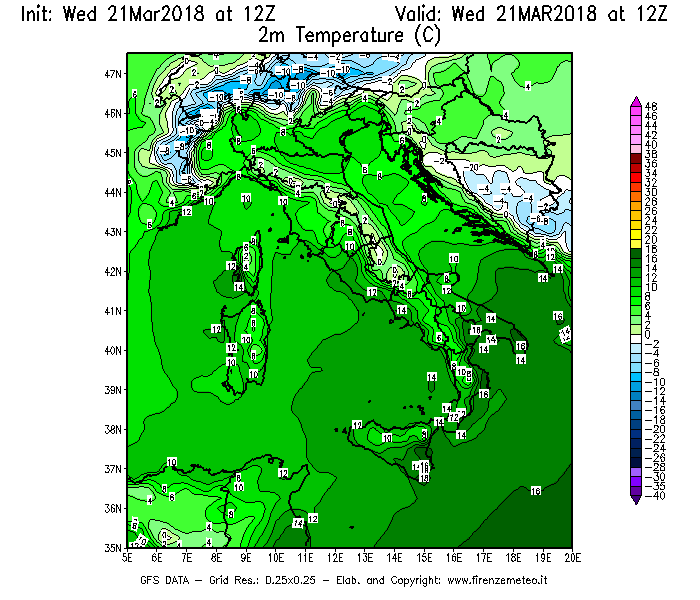 Mappa di analisi GFS - Temperatura a 2 metri dal suolo [°C] in Italia
							del 21/03/2018 12 <!--googleoff: index-->UTC<!--googleon: index-->