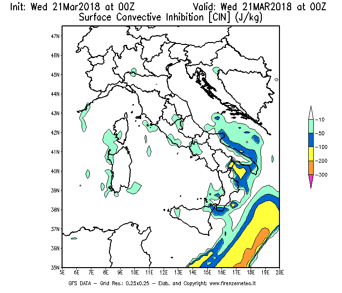 Mappa di analisi GFS - CIN [J/kg] in Italia
							del 21/03/2018 00 <!--googleoff: index-->UTC<!--googleon: index-->