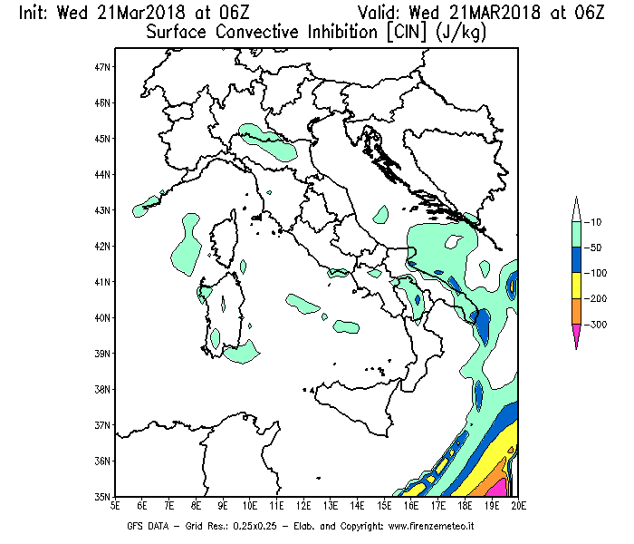 Mappa di analisi GFS - CIN [J/kg] in Italia
							del 21/03/2018 06 <!--googleoff: index-->UTC<!--googleon: index-->