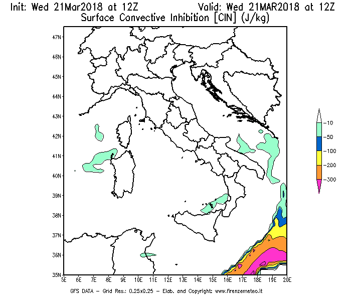 Mappa di analisi GFS - CIN [J/kg] in Italia
							del 21/03/2018 12 <!--googleoff: index-->UTC<!--googleon: index-->