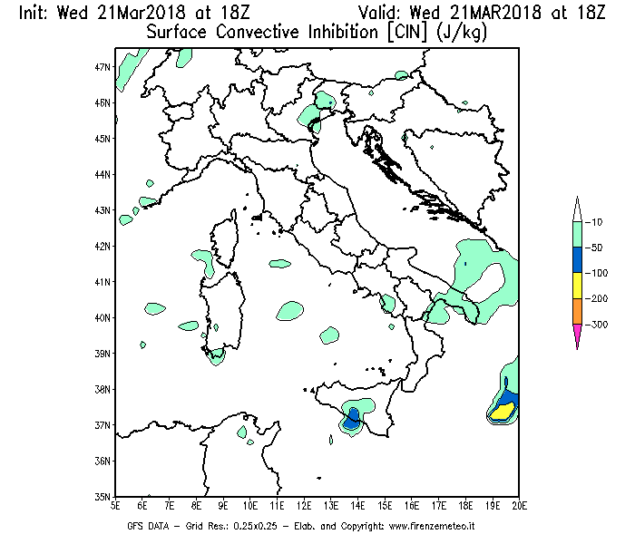 Mappa di analisi GFS - CIN [J/kg] in Italia
							del 21/03/2018 18 <!--googleoff: index-->UTC<!--googleon: index-->