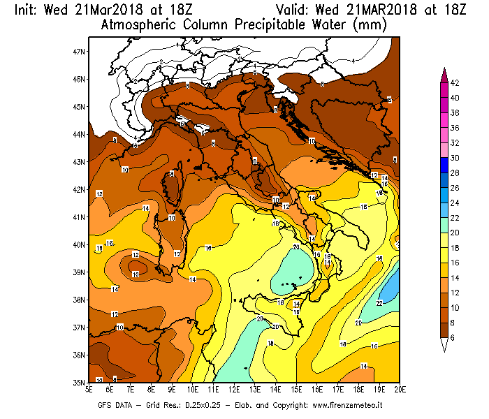Mappa di analisi GFS - Precipitable Water [mm] in Italia
							del 21/03/2018 18 <!--googleoff: index-->UTC<!--googleon: index-->