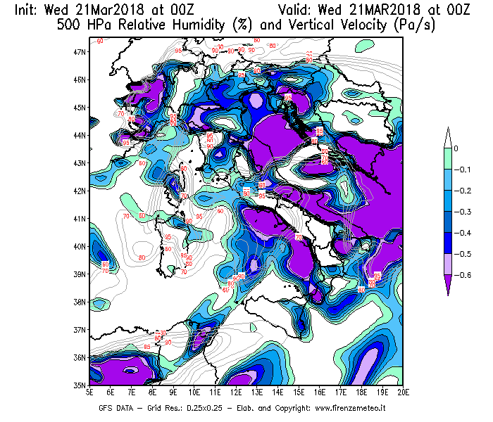 Mappa di analisi GFS - Umidità relativa [%] e Omega [Pa/s] a 500 hPa in Italia
							del 21/03/2018 00 <!--googleoff: index-->UTC<!--googleon: index-->