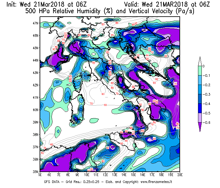 Mappa di analisi GFS - Umidità relativa [%] e Omega [Pa/s] a 500 hPa in Italia
							del 21/03/2018 06 <!--googleoff: index-->UTC<!--googleon: index-->
