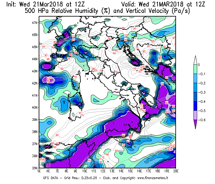 Mappa di analisi GFS - Umidità relativa [%] e Omega [Pa/s] a 500 hPa in Italia
							del 21/03/2018 12 <!--googleoff: index-->UTC<!--googleon: index-->