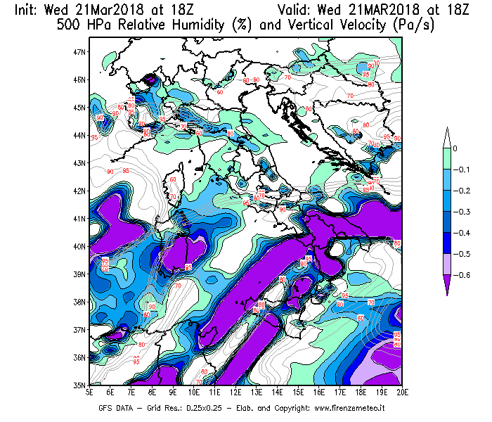 Mappa di analisi GFS - Umidità relativa [%] e Omega [Pa/s] a 500 hPa in Italia
							del 21/03/2018 18 <!--googleoff: index-->UTC<!--googleon: index-->