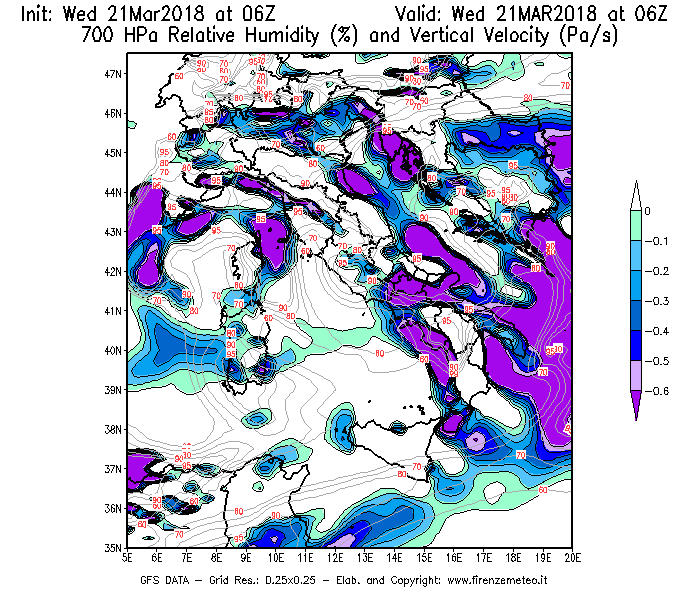 Mappa di analisi GFS - Umidità relativa [%] e Omega [Pa/s] a 700 hPa in Italia
							del 21/03/2018 06 <!--googleoff: index-->UTC<!--googleon: index-->